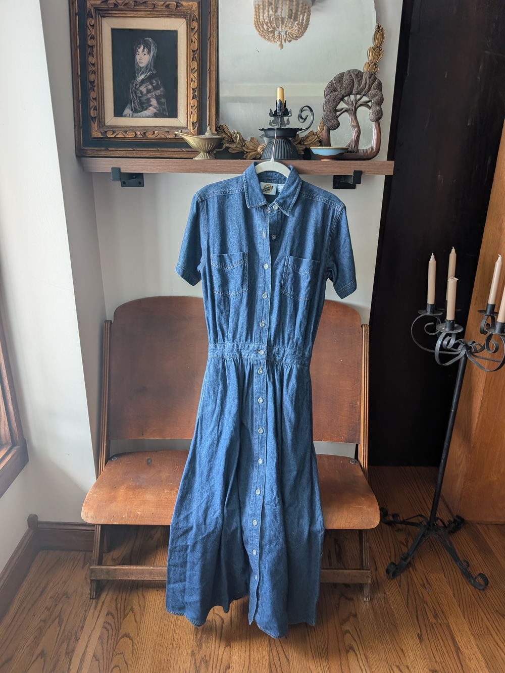 90s Vintage Denim Button-Front Shirt Dress in Blue